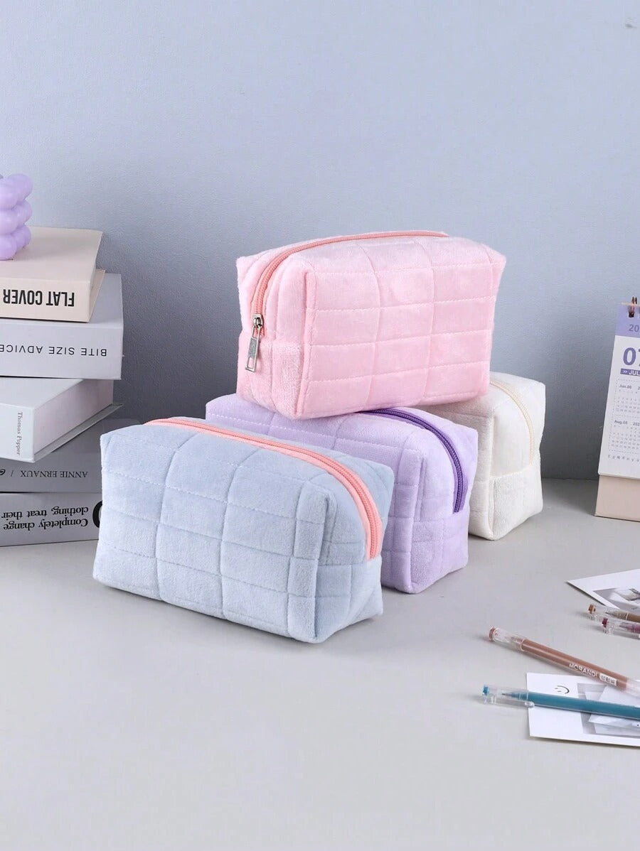 Astuccio portatile con cerniera e motivo a quadri, astuccio in peluche monocolore, scatola per cancelleria di grandi dimensioni per studenti, articoli per il ritorno a scuola, forniture scolastiche