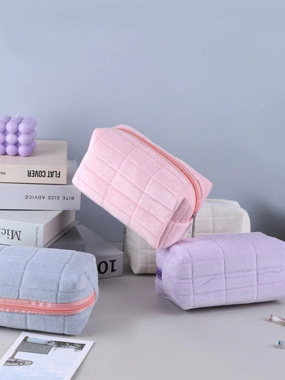 Astuccio portatile con cerniera e motivo a quadri, astuccio in peluche monocolore, scatola per cancelleria di grandi dimensioni per studenti, articoli per il ritorno a scuola, forniture scolastiche