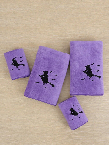 Asciugamano in pile di corallo con ricamo di ragazza magica o strega, decorazione per vacanze, assorbente e morbido, asciugamano da bagno/mano di ragazza magica, strega di Ognissanti, decorazione autunnale