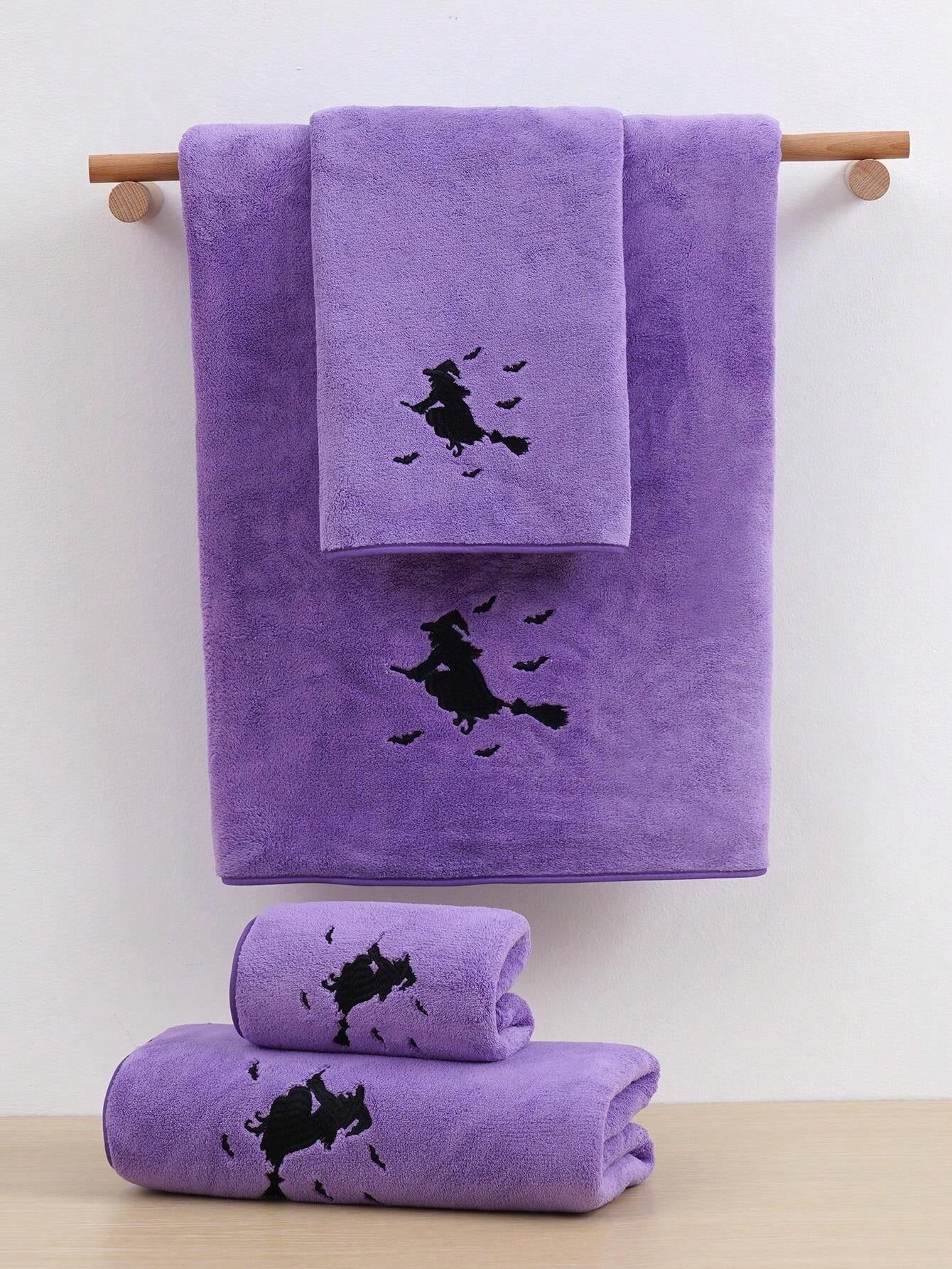 Asciugamano in pile di corallo con ricamo di ragazza magica o strega, decorazione per vacanze, assorbente e morbido, asciugamano da bagno/mano di ragazza magica, strega di Ognissanti, decorazione autunnale