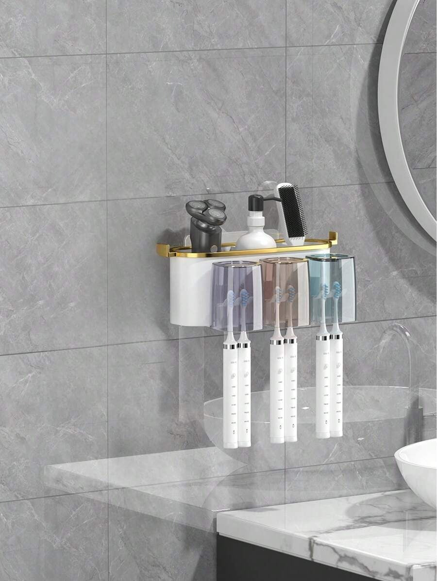 1 Set Porta Spazzolino da Dente da Parete, Con 4/3/2 Tazze Anti-Polvere e Distributore di Dentifricio, Organizer Multifunzionale da Bagno Con Distributore Automatico di Dentifricio e Tazze, Mensola da Bagno Senza Foratura, Set da Bagno di Lusso,
