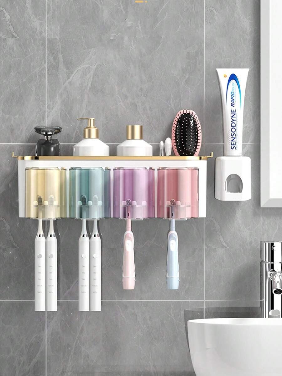 1 Set Porta Spazzolino da Dente da Parete, Con 4/3/2 Tazze Anti-Polvere e Distributore di Dentifricio, Organizer Multifunzionale da Bagno Con Distributore Automatico di Dentifricio e Tazze, Mensola da Bagno Senza Foratura, Set da Bagno di Lusso,