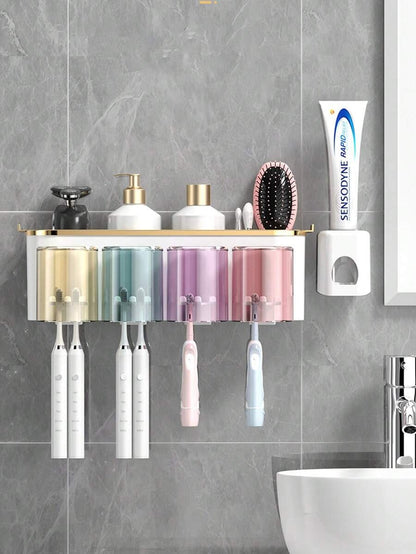 1 Set Porta Spazzolino da Dente da Parete, Con 4/3/2 Tazze Anti-Polvere e Distributore di Dentifricio, Organizer Multifunzionale da Bagno Con Distributore Automatico di Dentifricio e Tazze, Mensola da Bagno Senza Foratura, Set da Bagno di Lusso,