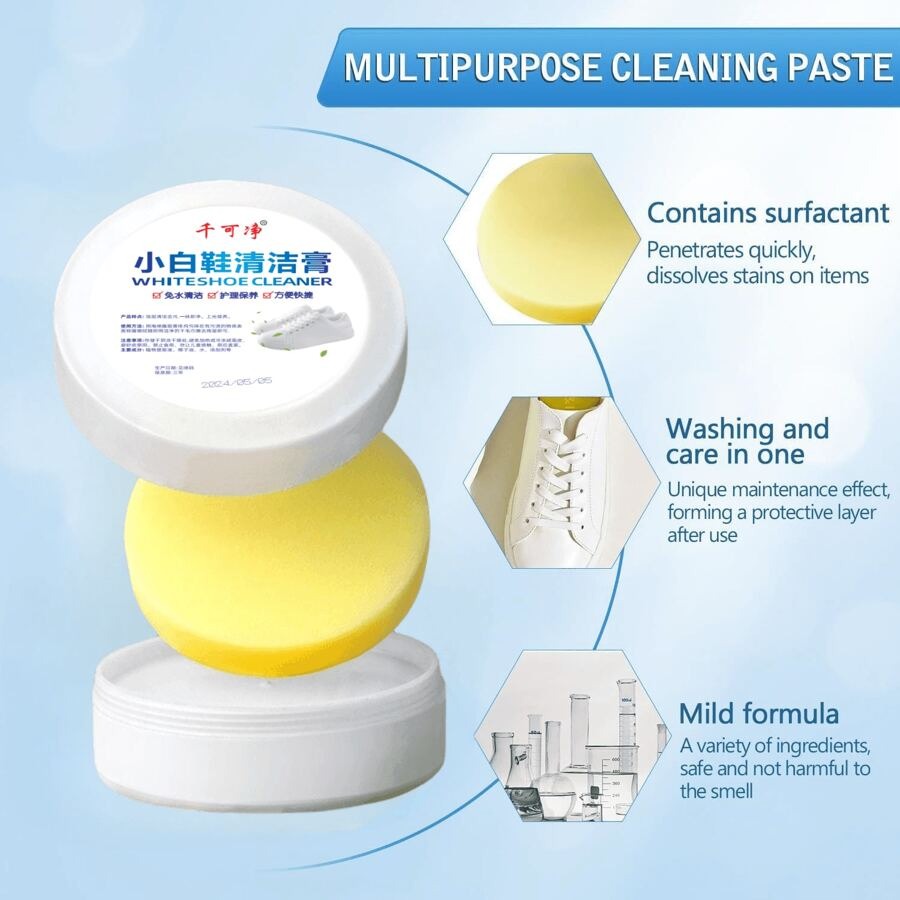 Crema detergente e rimuovi macchie multifunzionale, crema detergente multiuso, crema per pulire scarpe bianche, crema per scarpe con spugna, pasta detergente solida per scarpe, vestiti, divani per decontaminare