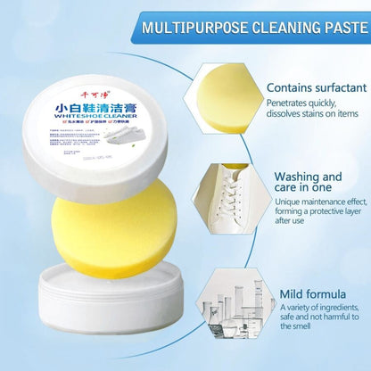 Crema detergente e rimuovi macchie multifunzionale, crema detergente multiuso, crema per pulire scarpe bianche, crema per scarpe con spugna, pasta detergente solida per scarpe, vestiti, divani per decontaminare