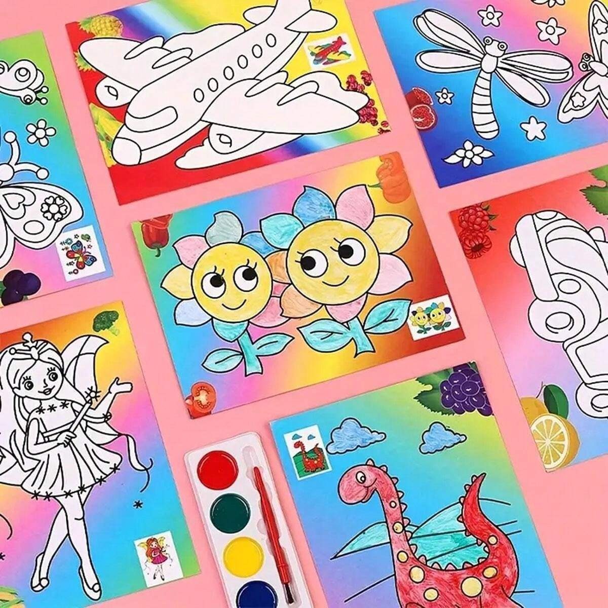 Set di pittura ad acquerello, Kit di pittura fai da te (2 dipinti + 1 pennello + 4 colori), Forniture artistiche creative puzzle, Ritorno a scuola