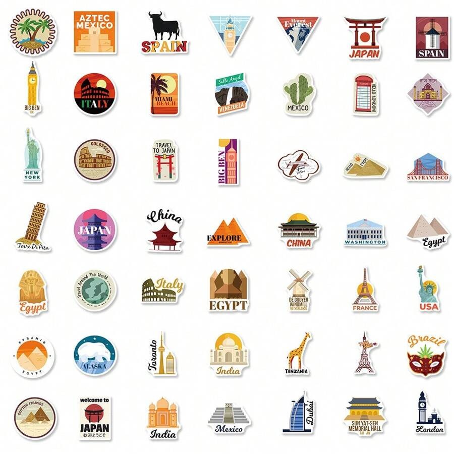 50 pezzi/set Adesivi decorativi con graffiti di luoghi iconici del mondo per organizer, quaderni, telefoni, adesivi impermeabili