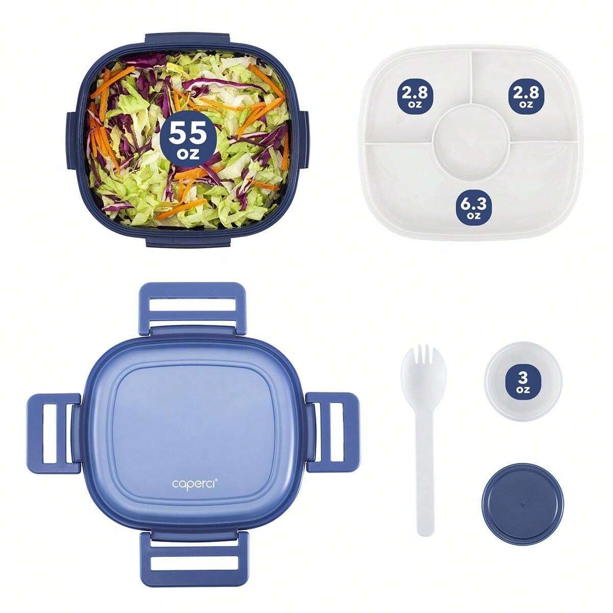Contenitore premium per insalata per il pranzo - Grandi scodelle da 52 once per la preparazione di pasti di insalate, lunch box con vassoio bento a 4 scomparti, contenitore per salse da 3 once, forchetta riutilizzabile
