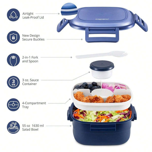 Contenitore premium per insalata per il pranzo - Grandi scodelle da 52 once per la preparazione di pasti di insalate, lunch box con vassoio bento a 4 scomparti, contenitore per salse da 3 once, forchetta riutilizzabile