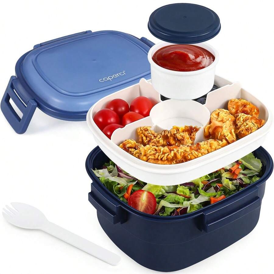 Contenitore premium per insalata per il pranzo - Grandi scodelle da 52 once per la preparazione di pasti di insalate, lunch box con vassoio bento a 4 scomparti, contenitore per salse da 3 once, forchetta riutilizzabile
