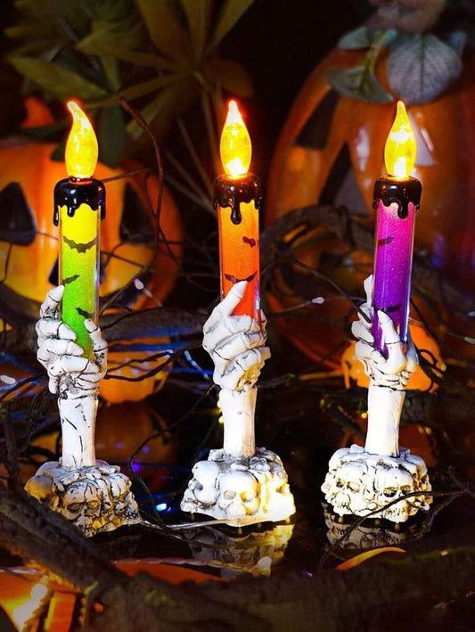 3 pezzi - Lapide con scheletro, mano di fantasma e candelabro a LED per Ognissanti - Luce di candela senza fiamma - Decorazione in PVC a tema horror per feste di Ognissanti