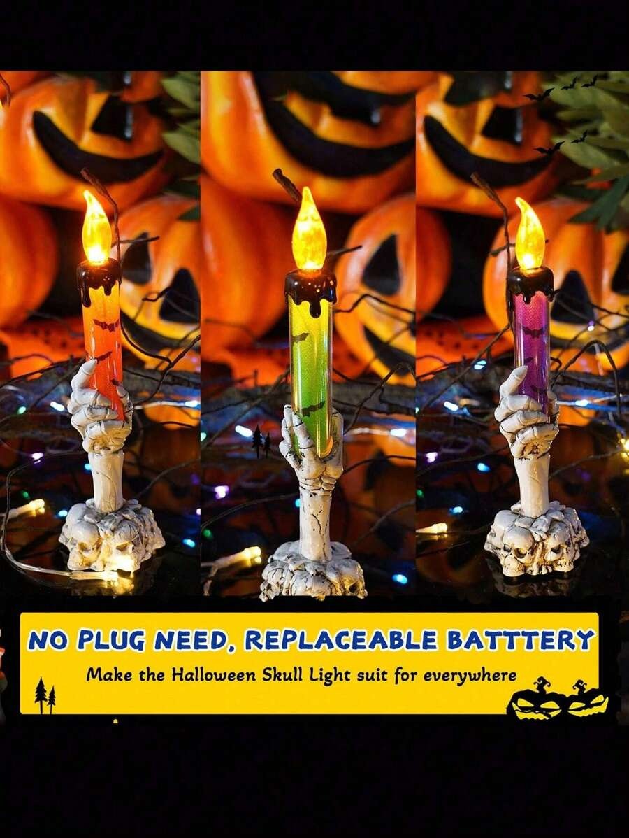 3 pezzi - Lapide con scheletro, mano di fantasma e candelabro a LED per Ognissanti - Luce di candela senza fiamma - Decorazione in PVC a tema horror per feste di Ognissanti