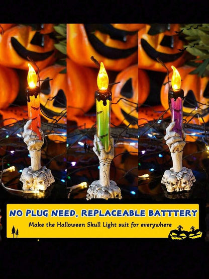 3 pezzi - Lapide con scheletro, mano di fantasma e candelabro a LED per Ognissanti - Luce di candela senza fiamma - Decorazione in PVC a tema horror per feste di Ognissanti