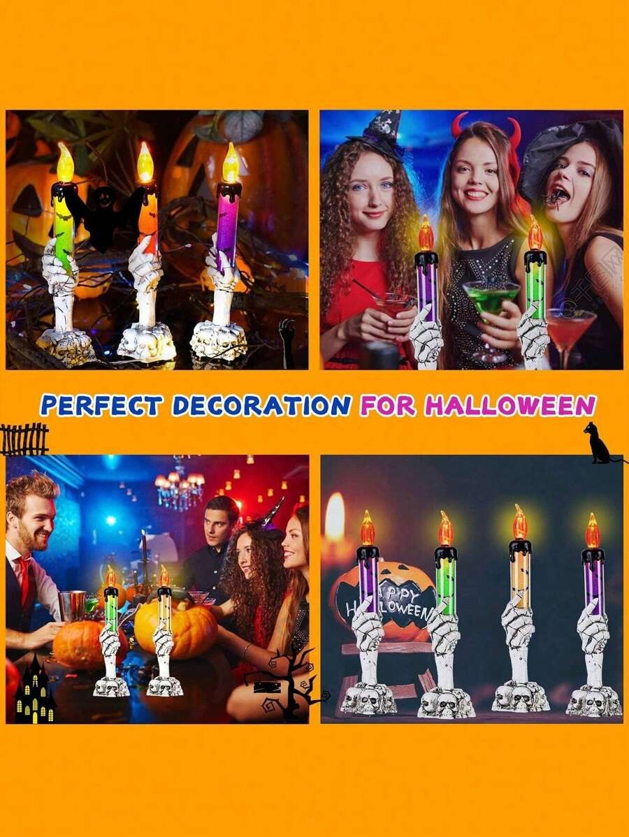 3 pezzi - Lapide con scheletro, mano di fantasma e candelabro a LED per Ognissanti - Luce di candela senza fiamma - Decorazione in PVC a tema horror per feste di Ognissanti