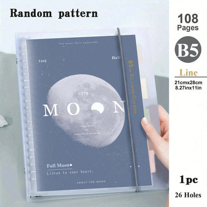 Notebook a fogli mobili con spirale trasparente, dimensioni A5/B5, 108 pagine, decorato con luna e pianeti, taccuino per appunti e diario, forniture per la scuola