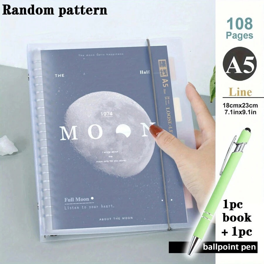 Notebook a fogli mobili con spirale trasparente, dimensioni A5/B5, 108 pagine, decorato con luna e pianeti, taccuino per appunti e diario, forniture per la scuola