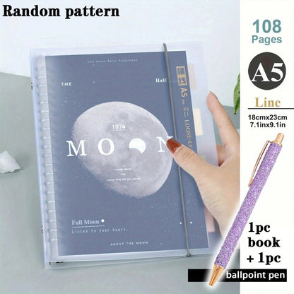Notebook a fogli mobili con spirale trasparente, dimensioni A5/B5, 108 pagine, decorato con luna e pianeti, taccuino per appunti e diario, forniture per la scuola