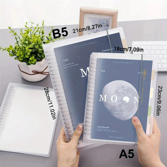 Notebook a fogli mobili con spirale trasparente, dimensioni A5/B5, 108 pagine, decorato con luna e pianeti, taccuino per appunti e diario, forniture per la scuola