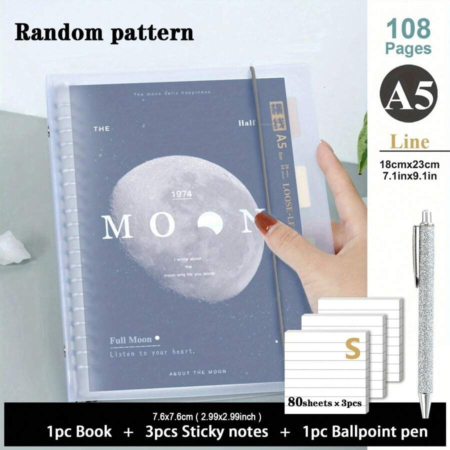 Notebook a fogli mobili con spirale trasparente, dimensioni A5/B5, 108 pagine, decorato con luna e pianeti, taccuino per appunti e diario, forniture per la scuola