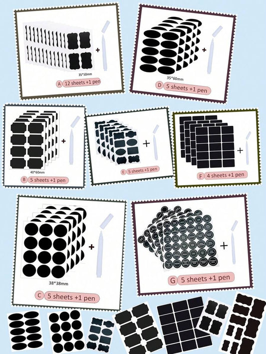 12 fogli+1 penna/5 fogli+1 penna/4 fogli+1 penna,8 fogli/15 fogli Adesivi riutilizzabili in PVC nero vuoti con penna, etichette per imballaggio di torte, biscotti e barattoli di spezie lavabili e riutilizzabili, in varie forme e misure