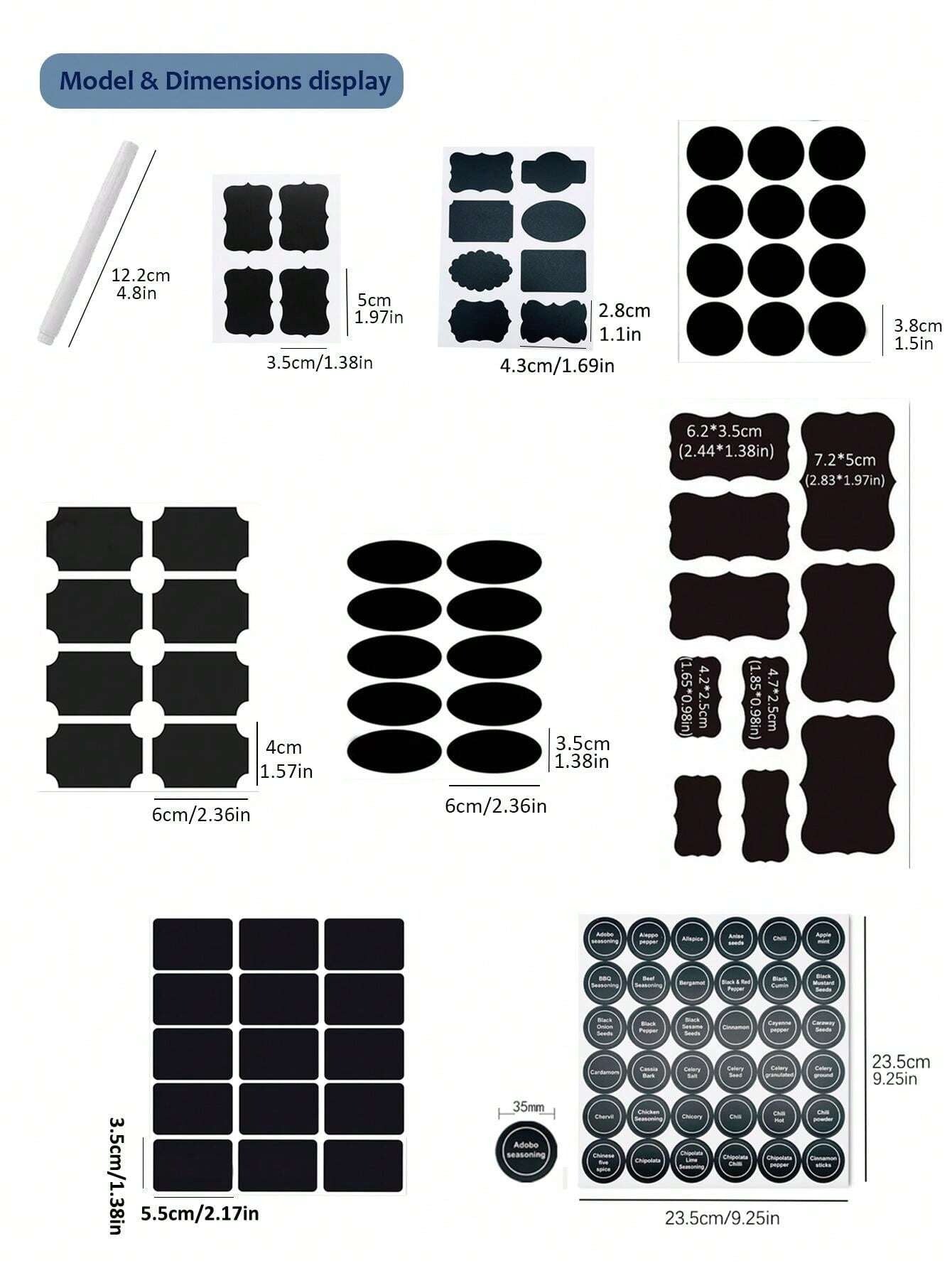 12 fogli+1 penna/5 fogli+1 penna/4 fogli+1 penna,8 fogli/15 fogli Adesivi riutilizzabili in PVC nero vuoti con penna, etichette per imballaggio di torte, biscotti e barattoli di spezie lavabili e riutilizzabili, in varie forme e misure