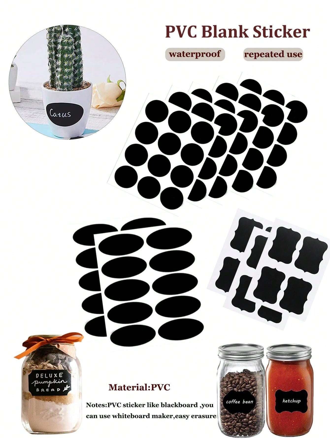 12 fogli+1 penna/5 fogli+1 penna/4 fogli+1 penna,8 fogli/15 fogli Adesivi riutilizzabili in PVC nero vuoti con penna, etichette per imballaggio di torte, biscotti e barattoli di spezie lavabili e riutilizzabili, in varie forme e misure