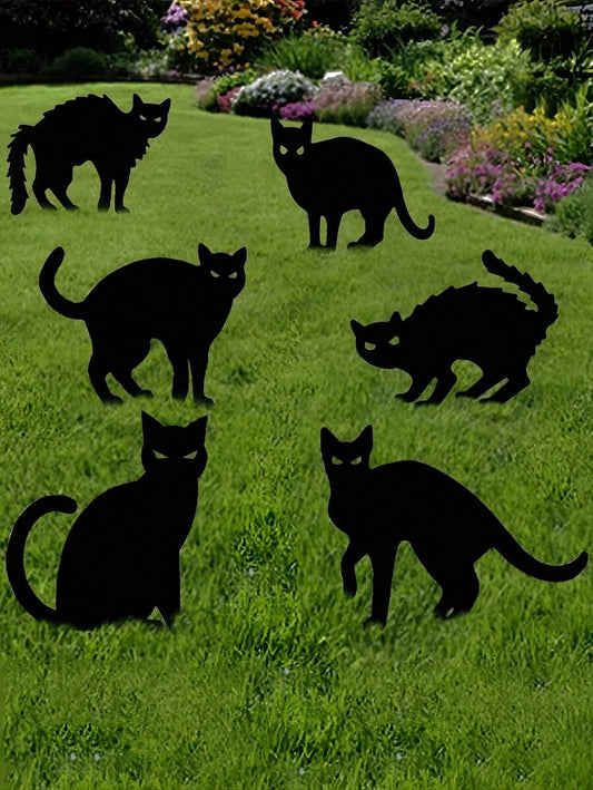 6 pezzi - Decorazione di Ognissanti con gatto nero e logo del cortile, con 12 pali, decorazione di Ognissanti, decorazione di gatto nero, decorazione di sagoma horror di Ognissanti, sagoma terrificante, decorazione di casa