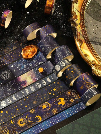 Nastro washi decorativo con cielo stellato bronzato e argentato, tema universo e pianeti, per DIY, decorazioni, diari, scrapbooking