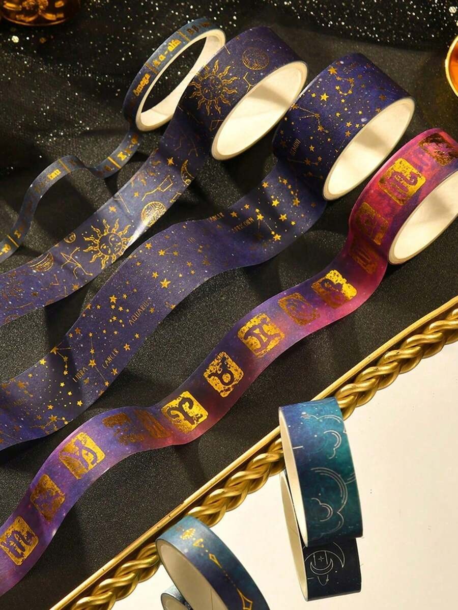 Nastro washi decorativo con cielo stellato bronzato e argentato, tema universo e pianeti, per DIY, decorazioni, diari, scrapbooking