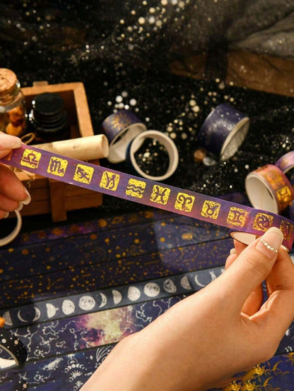 Nastro washi decorativo con cielo stellato bronzato e argentato, tema universo e pianeti, per DIY, decorazioni, diari, scrapbooking