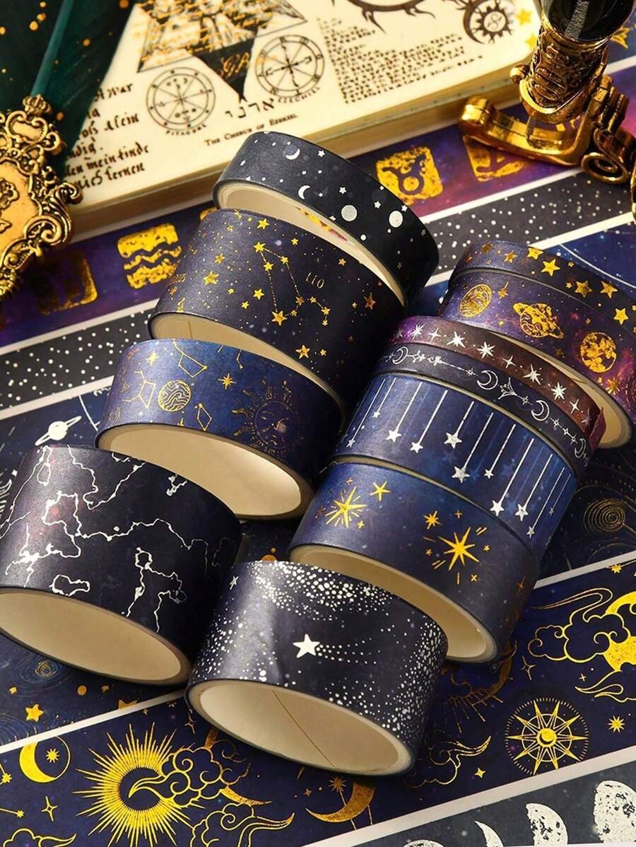 Nastro washi decorativo con cielo stellato bronzato e argentato, tema universo e pianeti, per DIY, decorazioni, diari, scrapbooking