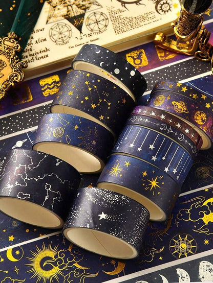Nastro washi decorativo con cielo stellato bronzato e argentato, tema universo e pianeti, per DIY, decorazioni, diari, scrapbooking