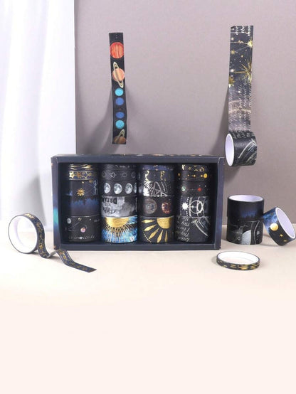 Nastro washi decorativo con cielo stellato bronzato e argentato, tema universo e pianeti, per DIY, decorazioni, diari, scrapbooking
