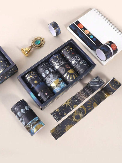 Nastro washi decorativo con cielo stellato bronzato e argentato, tema universo e pianeti, per DIY, decorazioni, diari, scrapbooking
