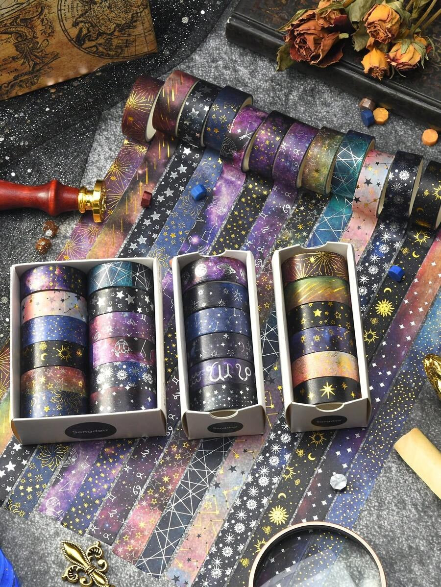 Nastro washi decorativo con cielo stellato bronzato e argentato, tema universo e pianeti, per DIY, decorazioni, diari, scrapbooking