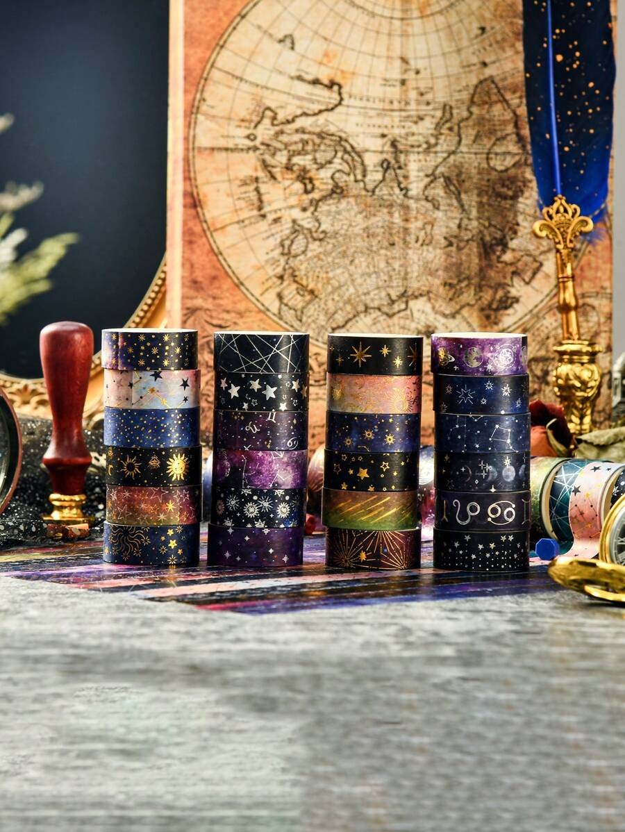 Nastro washi decorativo con cielo stellato bronzato e argentato, tema universo e pianeti, per DIY, decorazioni, diari, scrapbooking