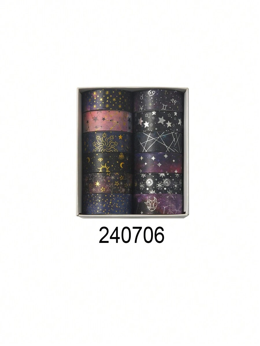 Nastro washi decorativo con cielo stellato bronzato e argentato, tema universo e pianeti, per DIY, decorazioni, diari, scrapbooking