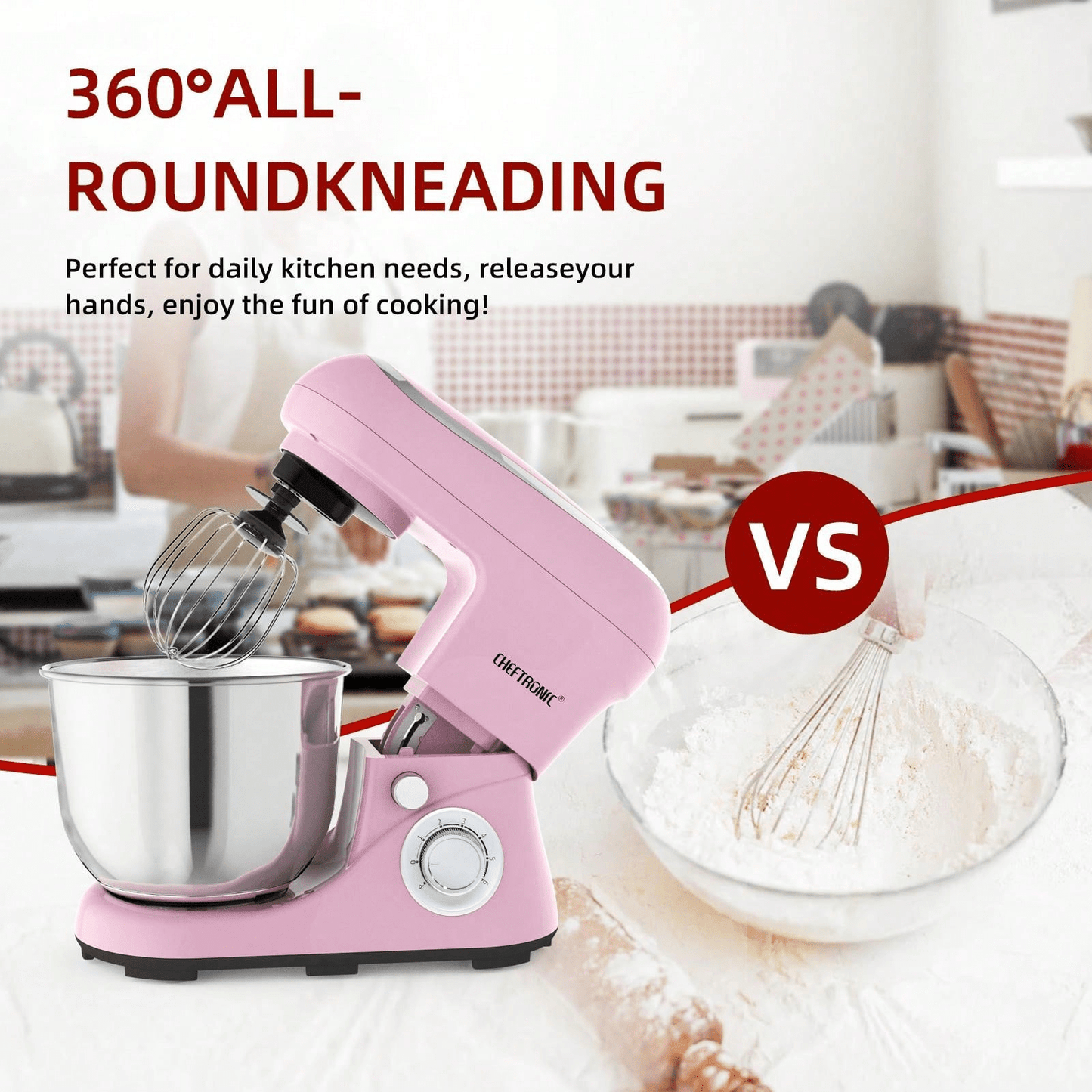 CHEFTRONIC 1 pezzo Robot da cucina, Impastatrice elettrica per uso domestico con testata inclinabile da 5,3 qt - 1300 W 6 + velocità, Impastatrice da cucina multifunzione con gancio per impasto, frusta