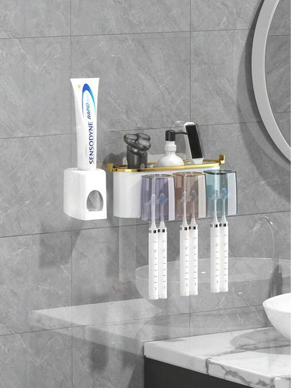 1 Set Porta Spazzolino da Dente da Parete, Con 4/3/2 Tazze Anti-Polvere e Distributore di Dentifricio, Organizer Multifunzionale da Bagno Con Distributore Automatico di Dentifricio e Tazze, Mensola da Bagno Senza Foratura, Set da Bagno di Lusso,