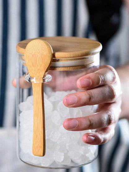Barattoli in vetro ermetici rotondi, barattoli per condimenti con coperchi in bambù e cucchiaini, contenitori per alimenti per zucchero, caffè, noci, barattoli in vetro per la cucina per farina, biscotti, caramelle, tè matcha, noci e spezie