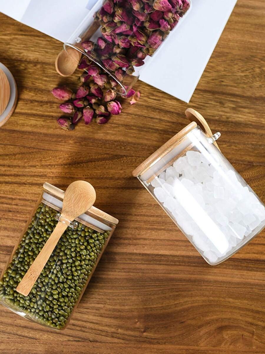 Barattoli in vetro ermetici rotondi, barattoli per condimenti con coperchi in bambù e cucchiaini, contenitori per alimenti per zucchero, caffè, noci, barattoli in vetro per la cucina per farina, biscotti, caramelle, tè matcha, noci e spezie