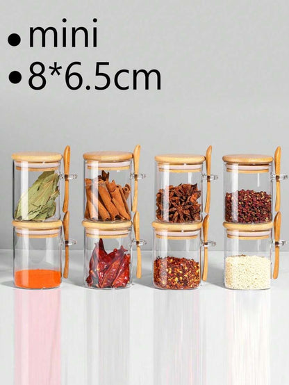 Barattoli in vetro ermetici rotondi, barattoli per condimenti con coperchi in bambù e cucchiaini, contenitori per alimenti per zucchero, caffè, noci, barattoli in vetro per la cucina per farina, biscotti, caramelle, tè matcha, noci e spezie