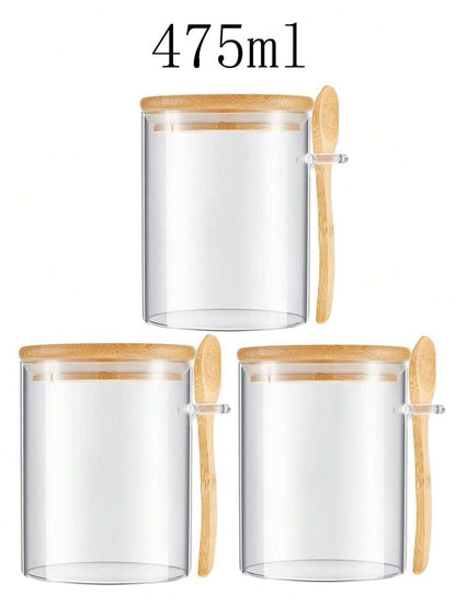 Barattoli in vetro ermetici rotondi, barattoli per condimenti con coperchi in bambù e cucchiaini, contenitori per alimenti per zucchero, caffè, noci, barattoli in vetro per la cucina per farina, biscotti, caramelle, tè matcha, noci e spezie
