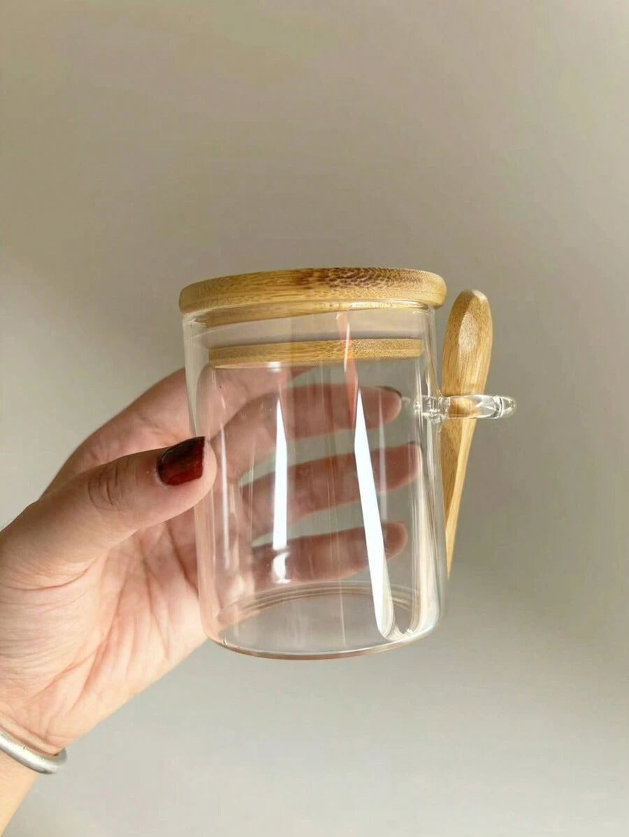 Barattoli in vetro ermetici rotondi, barattoli per condimenti con coperchi in bambù e cucchiaini, contenitori per alimenti per zucchero, caffè, noci, barattoli in vetro per la cucina per farina, biscotti, caramelle, tè matcha, noci e spezie