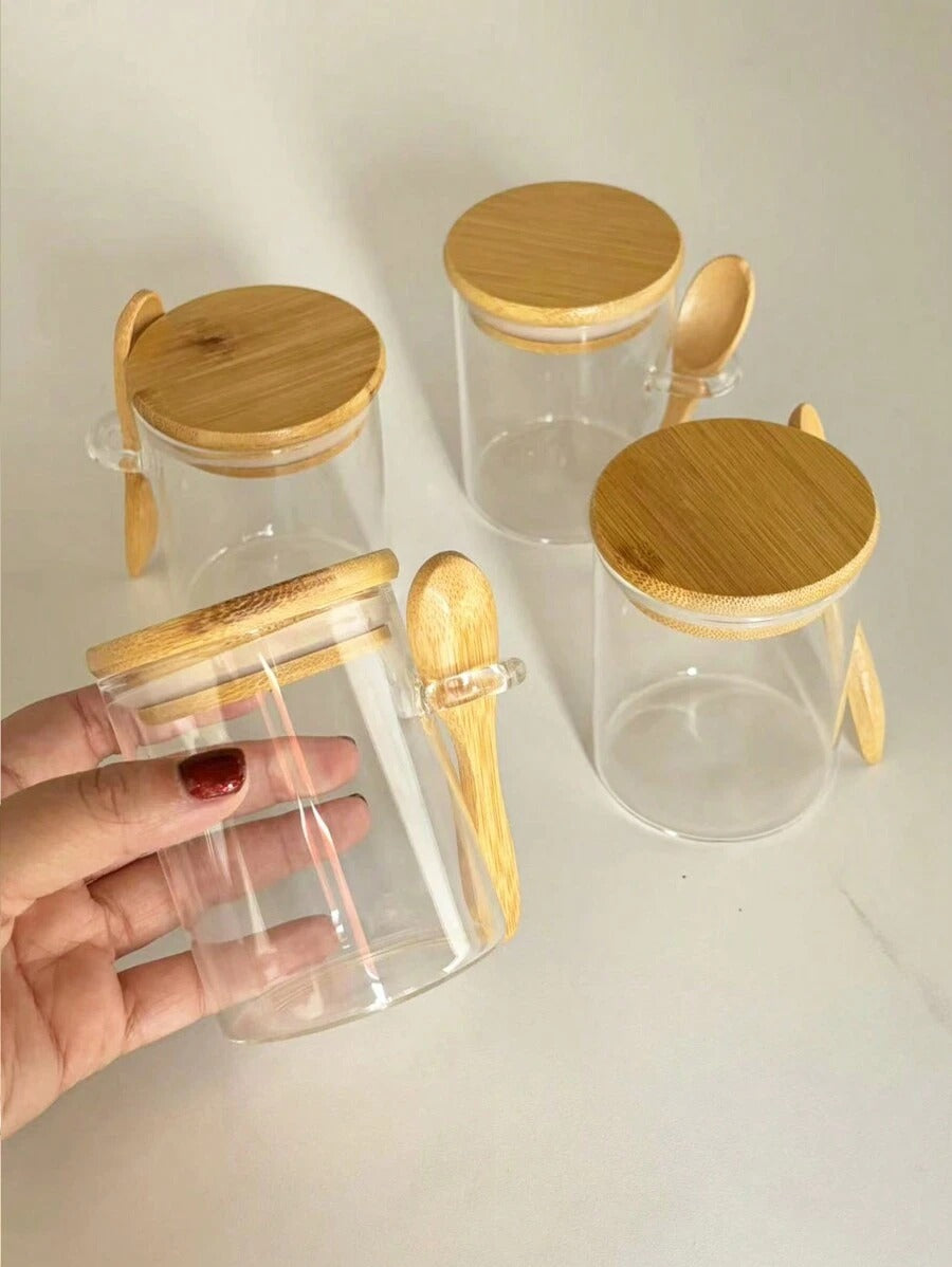 Barattoli in vetro ermetici rotondi, barattoli per condimenti con coperchi in bambù e cucchiaini, contenitori per alimenti per zucchero, caffè, noci, barattoli in vetro per la cucina per farina, biscotti, caramelle, tè matcha, noci e spezie