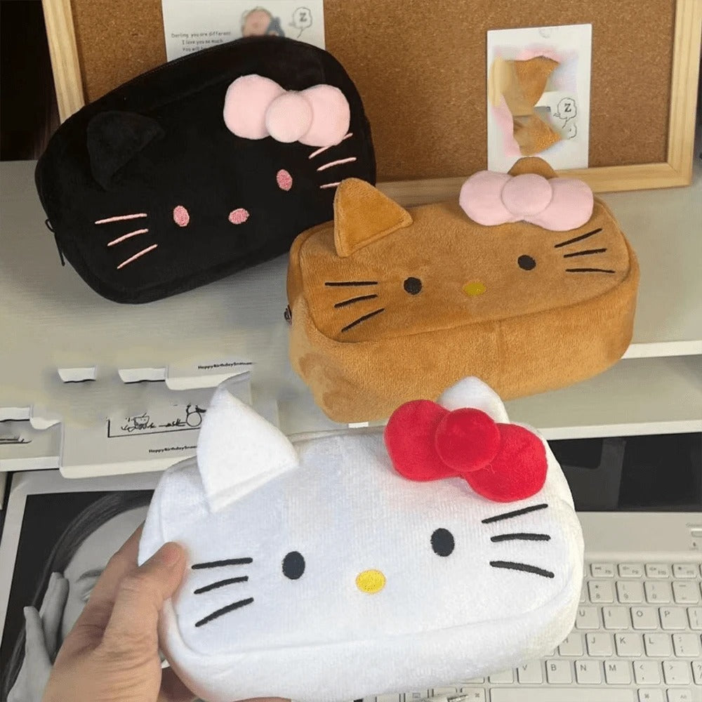 borsa per il trucco a cartone animato, astuccio grande con capacità elevata e set da 12 penne, forniture scolastiche, regalo carino di San Valentino con fiocco rosso, astuccio per il ritorno a scuola con stampa Hello Kitty all'interno