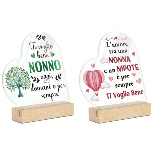 Cartello acrilico a forma di cuore su base in legno, decorazione da tavolo con scritta "Ti voglio bene nonno/nonna, oggi, domani e per sempre", decorazione da scrivania per casa, fattoria, camino, soggiorno, regalo, forniture scolastiche