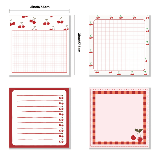 Adesivi con motivo a ciliegie da 3x3 pollici, 50 fogli ciascuno, blocks notes adesivi a forma di ciliegie, per scuola, ufficio, casa, forniture, regalo per studenti e insegnanti