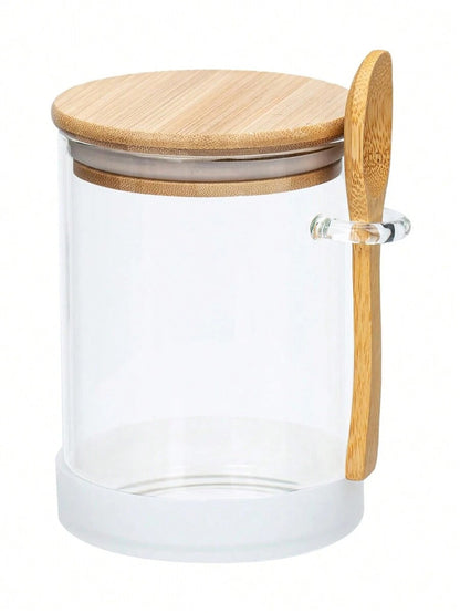 Barattoli in vetro ermetici rotondi, barattoli per condimenti con coperchi in bambù e cucchiaini, contenitori per alimenti per zucchero, caffè, noci, barattoli in vetro per la cucina per farina, biscotti, caramelle, tè matcha, noci e spezie
