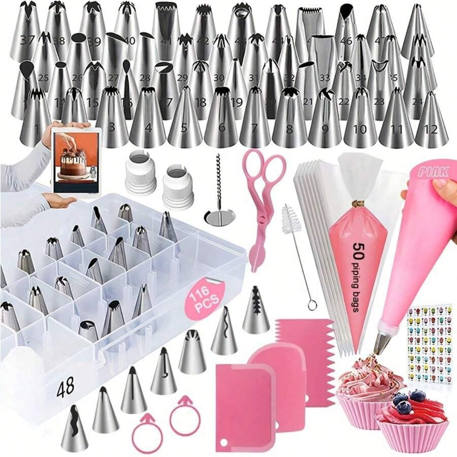 Set da 116 pezzi per decorare torte, include 55 bocchette per sac à poche, 50 sac à poche, 3 spatole per glassa, con scatola di contenimento. Adatto per decorare in modo creativo torte, biscotti.